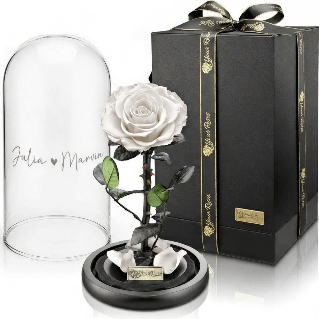 Konservierte Premium Rose im Glas mit Geschenkbox – Personalisiert mit Gravur