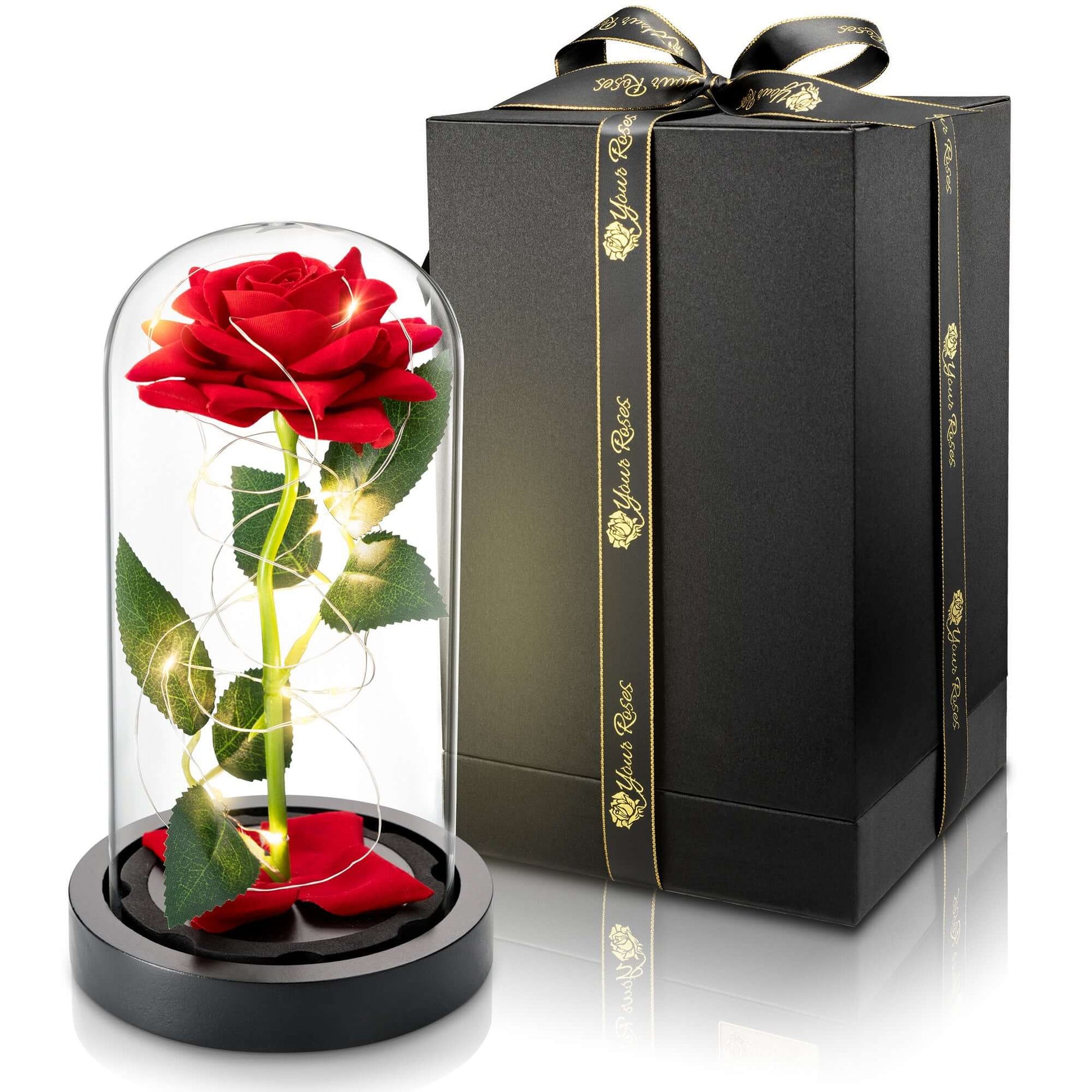 Premium-Rose im Glas mit LED auf Holzsockel – Geschenk für Jahrestag, Muttertag oder Geburtstag