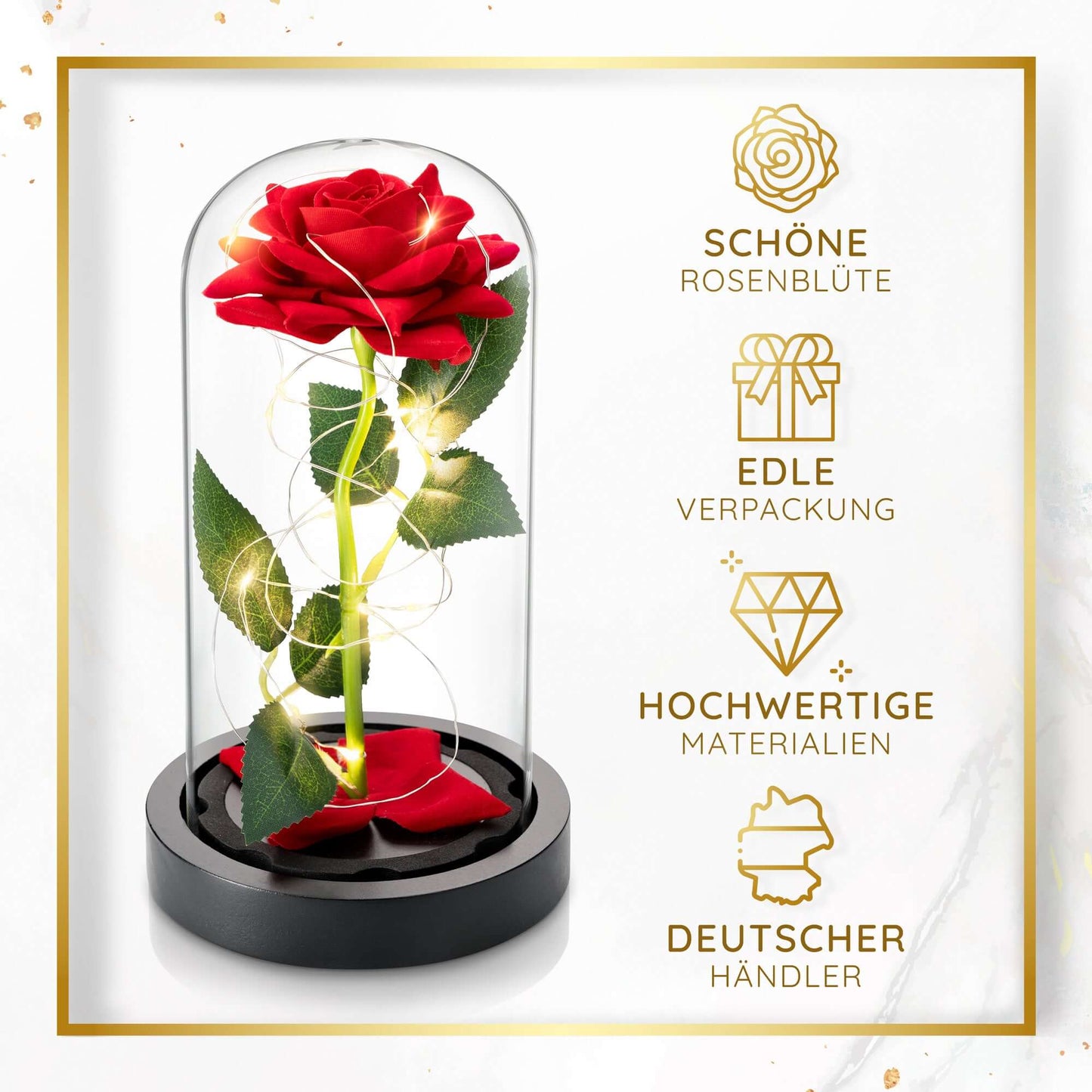 Ewige Rose im Glas mit LED-Beleuchtung und edlem Holzsockel – romantisches Geschenk
