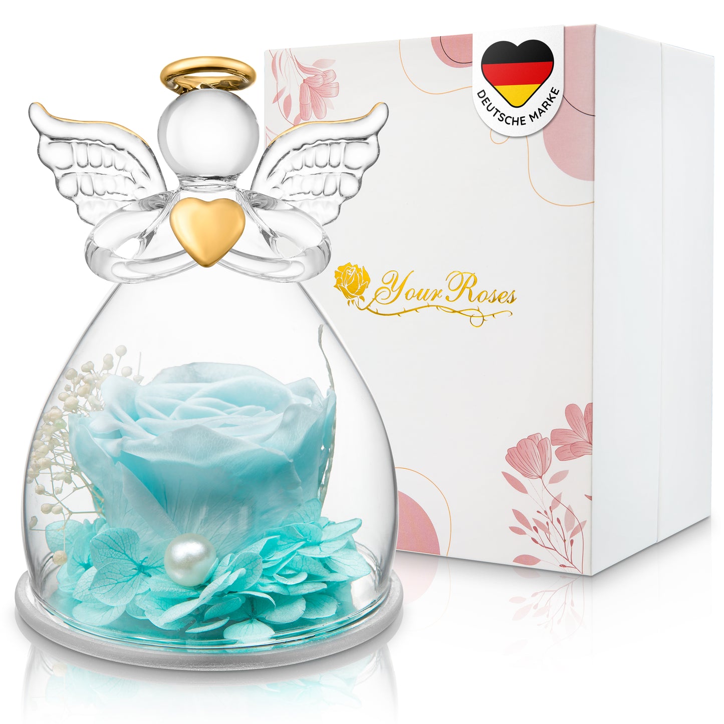Echte Premium-Rose in Engelfigur aus Glas