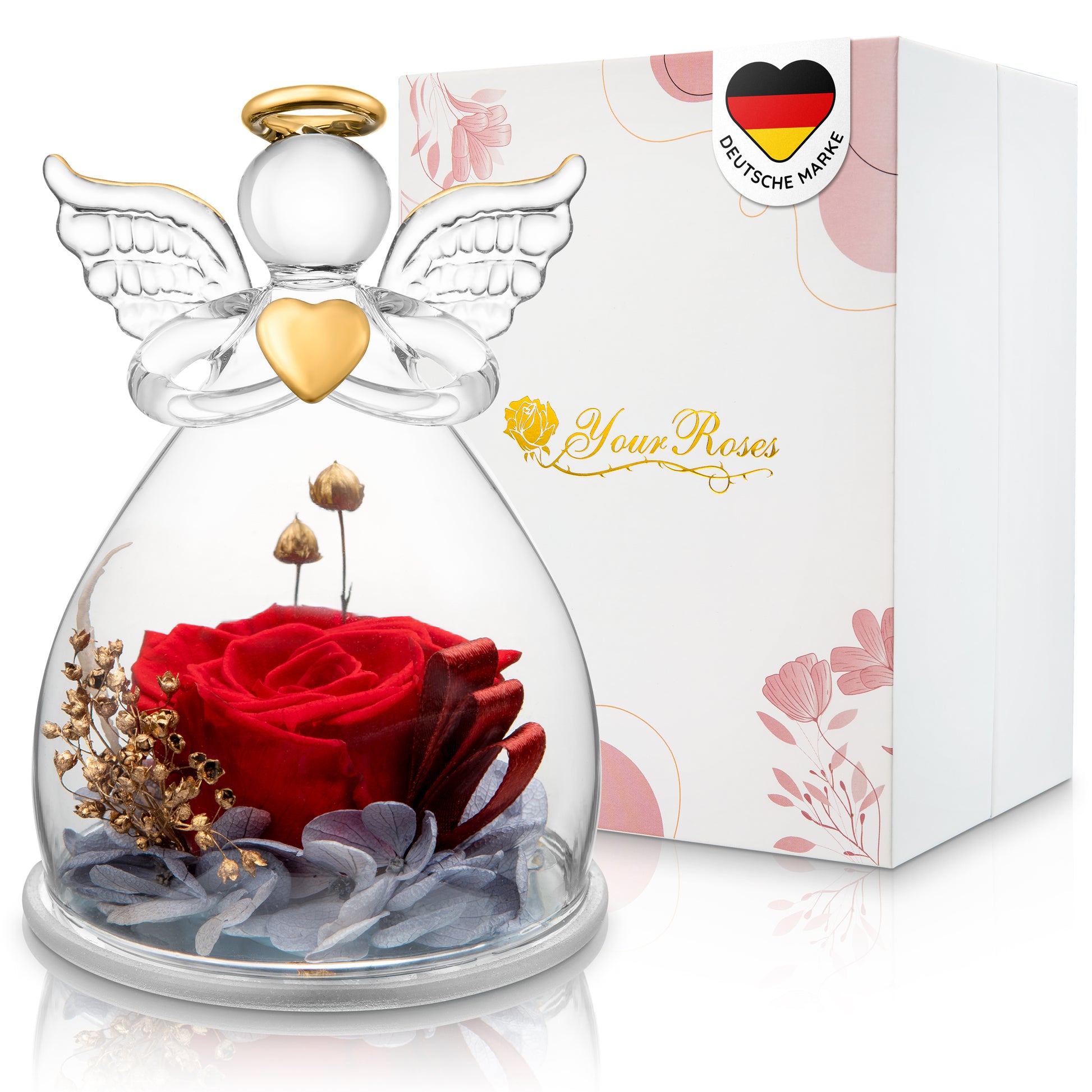 Rote ewige Rose in Glas-Engel – luxuriöses Geschenk für besondere Anlässe