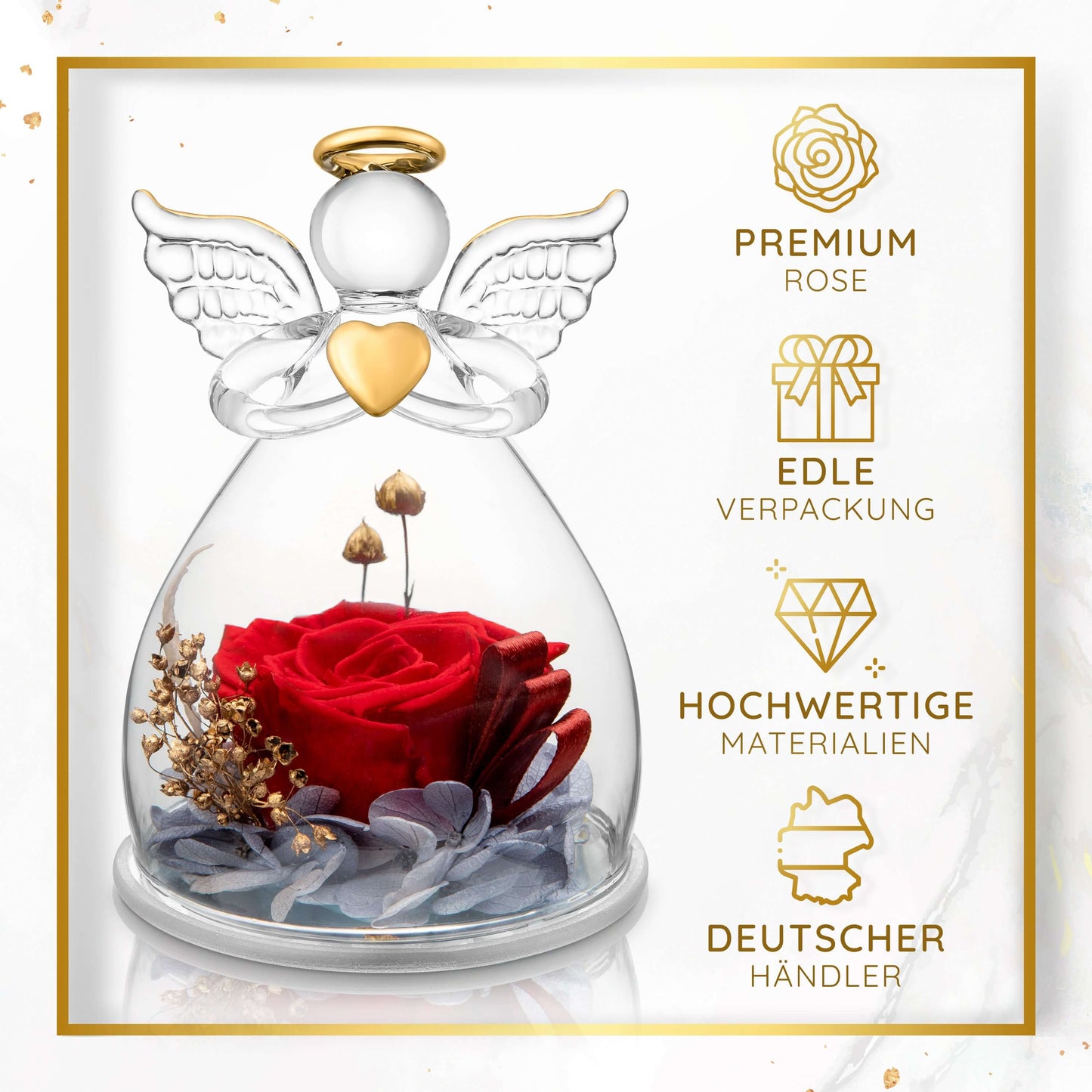 Rote Rose in Glas-Engel dekorativ auf Kommode – luxuriöses Geschenk für besondere Anlässe